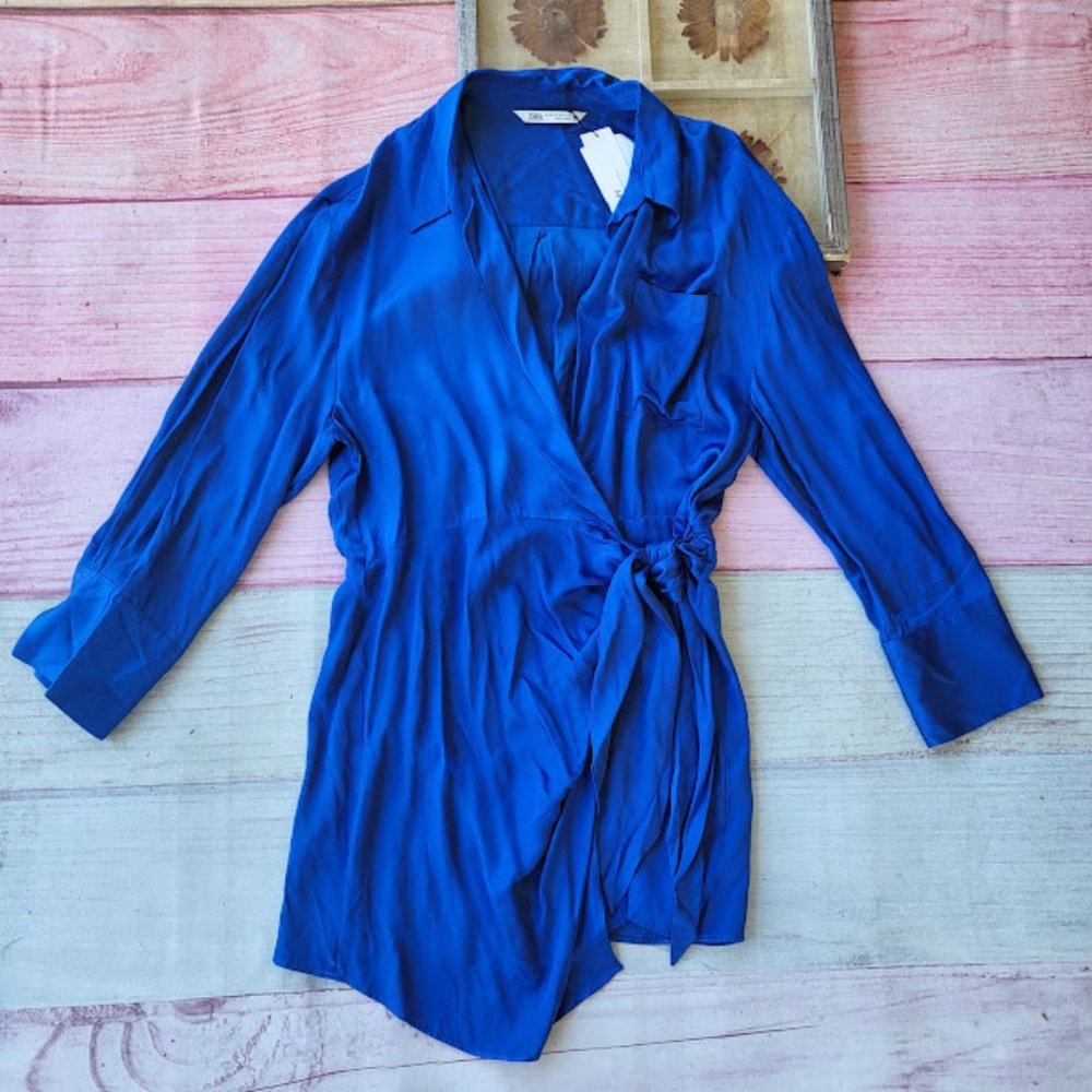 NWT Zara Cobalt Blue Satin Bloggers Effect Tie Waist Mini Shirt Dress XXL - Picture 2 of 7